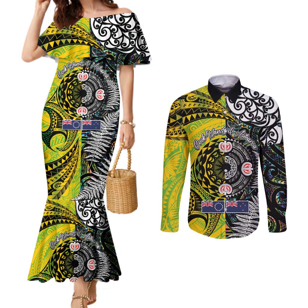 New Zealand and Cook Islands Together Couples Matching Mermaid Dress and Long Sleeve Button Shirt Tatau Art Tribal Pattern-Maori Tattoo with Fern and Paua Shell