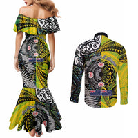 New Zealand and Cook Islands Together Couples Matching Mermaid Dress and Long Sleeve Button Shirt Tatau Art Tribal Pattern-Maori Tattoo with Fern and Paua Shell
