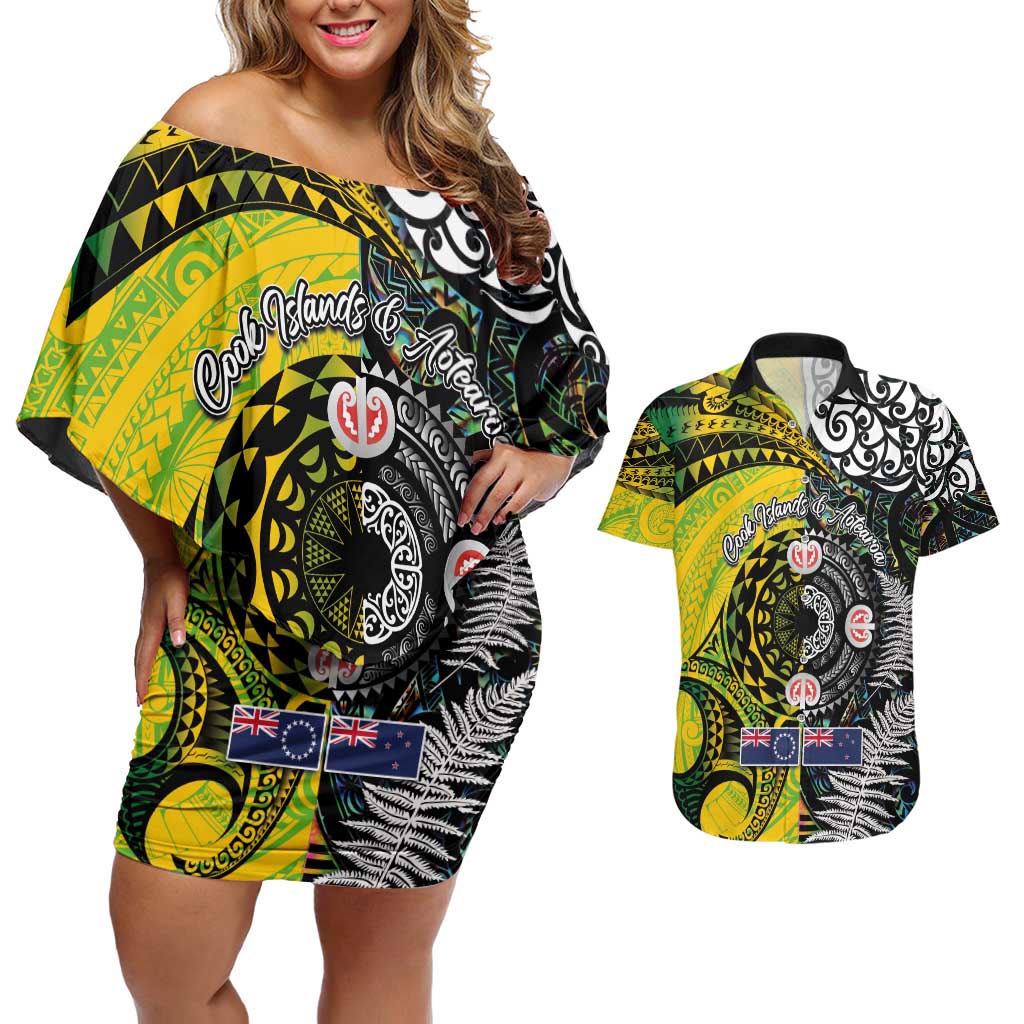 New Zealand and Cook Islands Together Couples Matching Off Shoulder Short Dress and Hawaiian Shirt Tatau Art Tribal Pattern-Maori Tattoo with Fern and Paua Shell