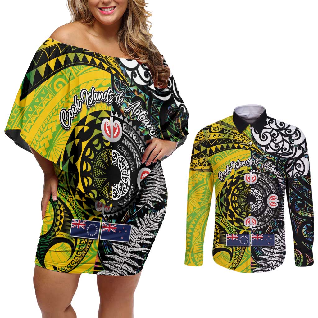 New Zealand and Cook Islands Together Couples Matching Off Shoulder Short Dress and Long Sleeve Button Shirt Tatau Art Tribal Pattern-Maori Tattoo with Fern and Paua Shell