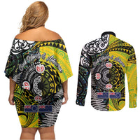 New Zealand and Cook Islands Together Couples Matching Off Shoulder Short Dress and Long Sleeve Button Shirt Tatau Art Tribal Pattern-Maori Tattoo with Fern and Paua Shell