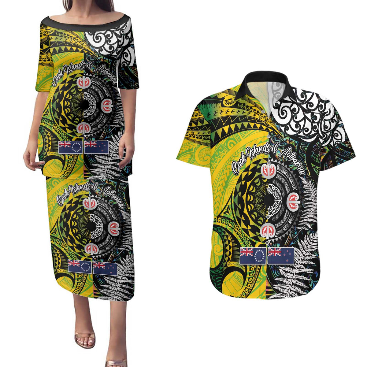 New Zealand and Cook Islands Together Couples Matching Puletasi and Hawaiian Shirt Tatau Art Tribal Pattern-Maori Tattoo with Fern and Paua Shell