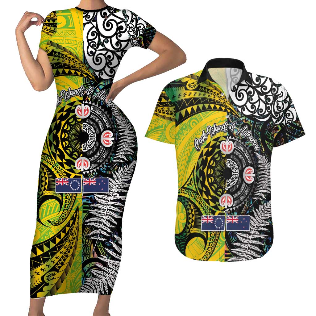 New Zealand and Cook Islands Together Couples Matching Short Sleeve Bodycon Dress and Hawaiian Shirt Tatau Art Tribal Pattern-Maori Tattoo with Fern and Paua Shell