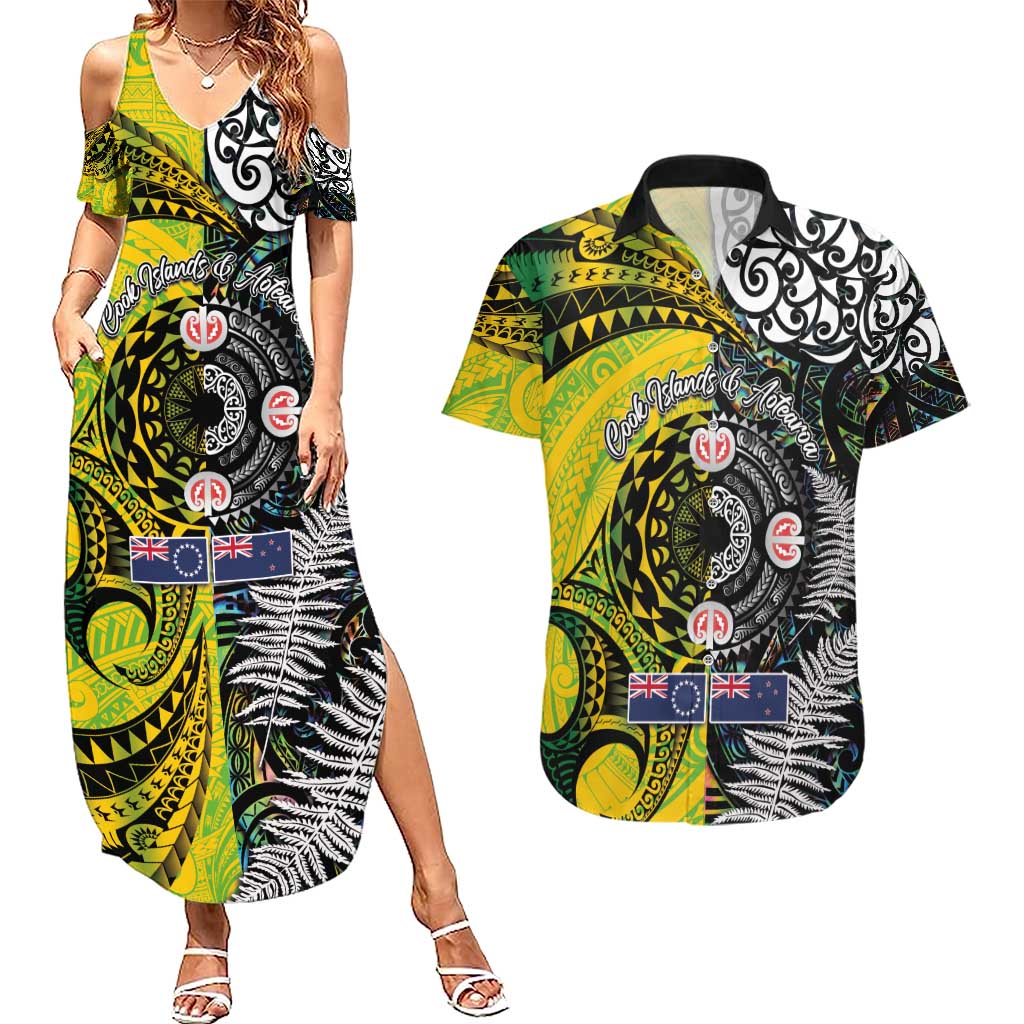 New Zealand and Cook Islands Together Couples Matching Summer Maxi Dress and Hawaiian Shirt Tatau Art Tribal Pattern-Maori Tattoo with Fern and Paua Shell