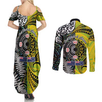 New Zealand and Cook Islands Together Couples Matching Summer Maxi Dress and Long Sleeve Button Shirt Tatau Art Tribal Pattern-Maori Tattoo with Fern and Paua Shell