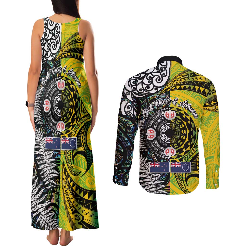 New Zealand and Cook Islands Together Couples Matching Tank Maxi Dress and Long Sleeve Button Shirt Tatau Art Tribal Pattern-Maori Tattoo with Fern and Paua Shell