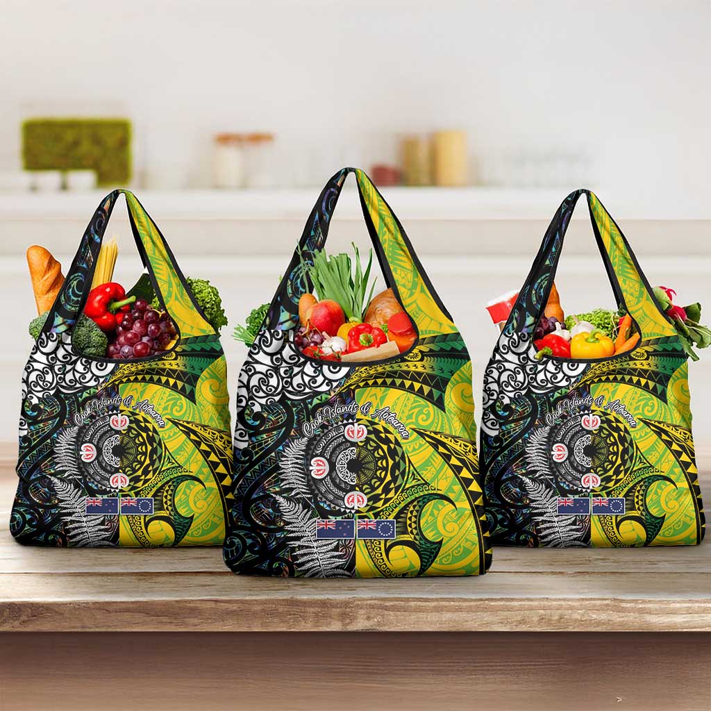 New Zealand and Cook Islands Together Grocery Bag Tatau Art Tribal Pattern-Maori Tattoo with Fern and Paua Shell