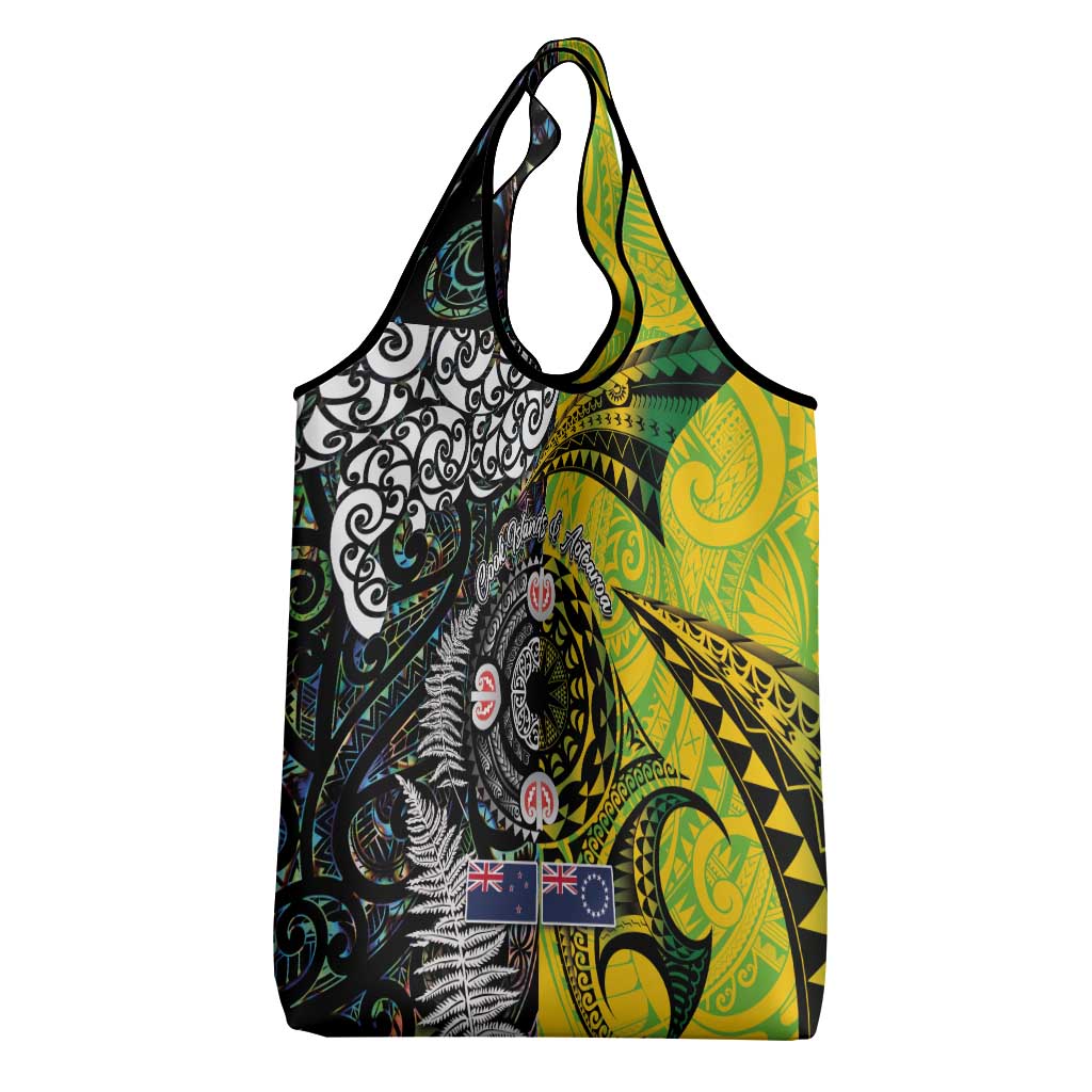 New Zealand and Cook Islands Together Grocery Bag Tatau Art Tribal Pattern-Maori Tattoo with Fern and Paua Shell