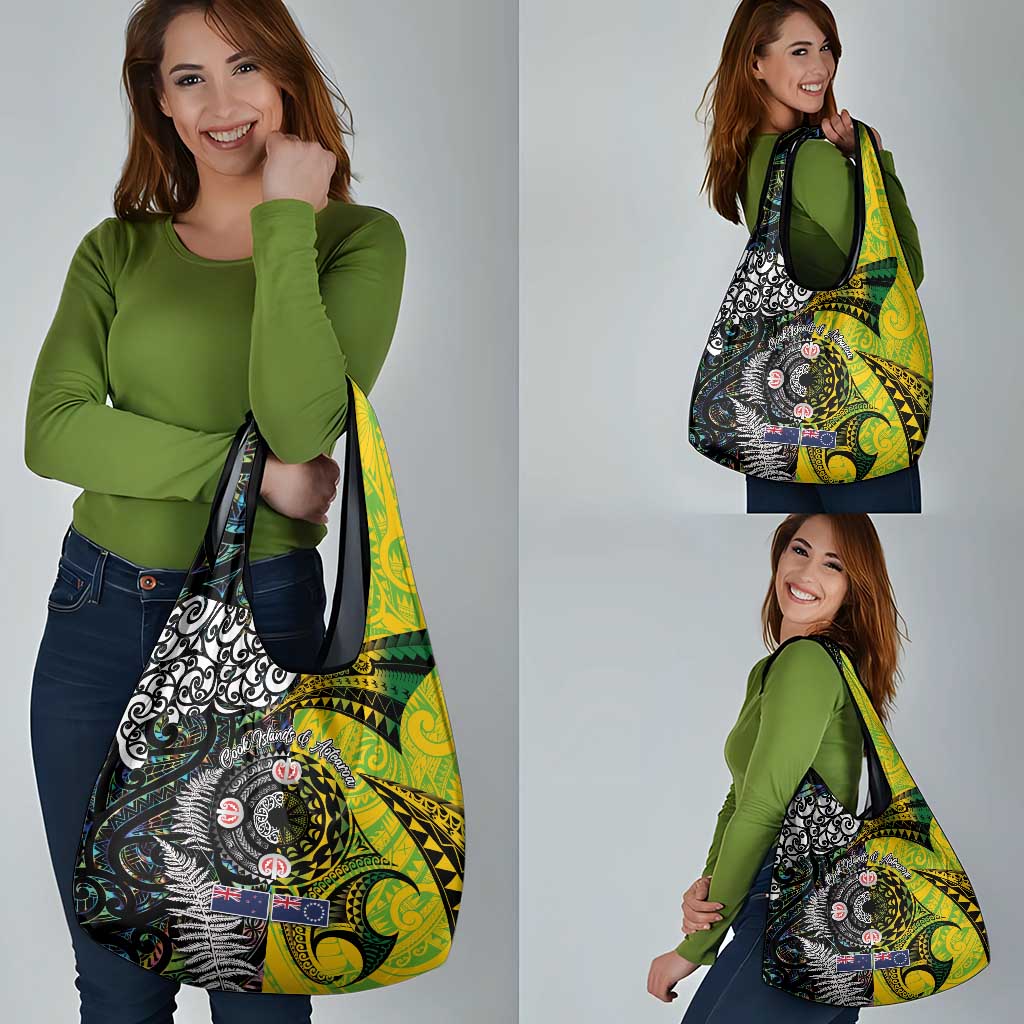 New Zealand and Cook Islands Together Grocery Bag Tatau Art Tribal Pattern-Maori Tattoo with Fern and Paua Shell