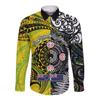 New Zealand and Cook Islands Together Long Sleeve Button Shirt Tatau Art Tribal Pattern-Maori Tattoo with Fern and Paua Shell