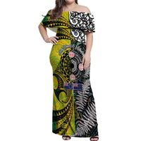New Zealand and Cook Islands Together Off Shoulder Maxi Dress Tatau Art Tribal Pattern-Maori Tattoo with Fern and Paua Shell