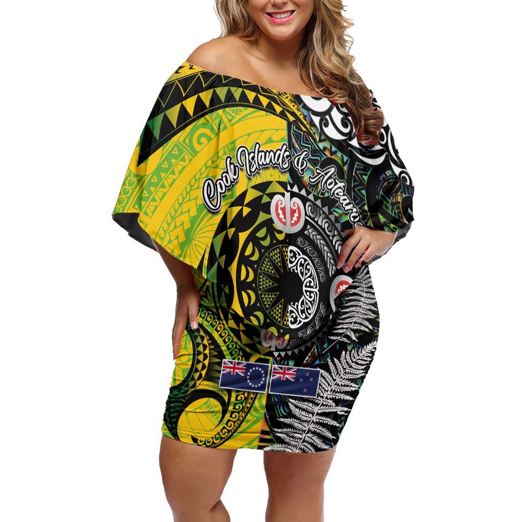 New Zealand and Cook Islands Together Off Shoulder Short Dress Tatau Art Tribal Pattern-Maori Tattoo with Fern and Paua Shell