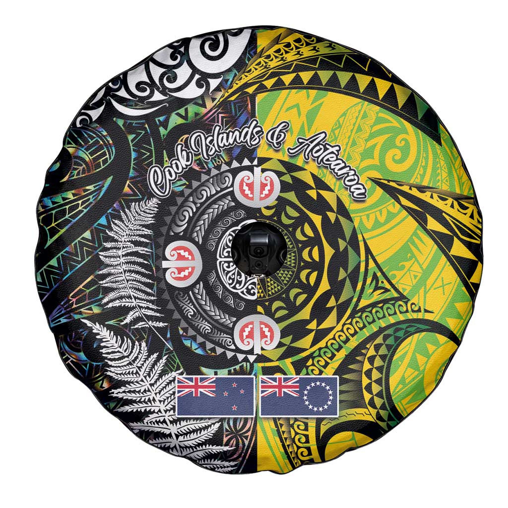 New Zealand and Cook Islands Together Spare Tire Cover Tatau Art Tribal Pattern-Maori Tattoo with Fern and Paua Shell