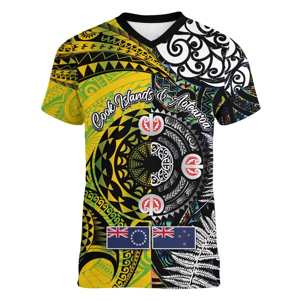 New Zealand and Cook Islands Together Women V-Neck T-Shirt Tatau Art Tribal Pattern-Maori Tattoo with Fern and Paua Shell