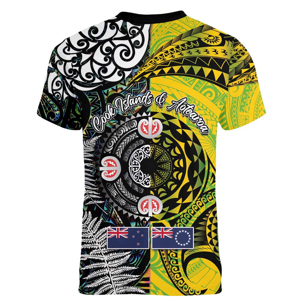 New Zealand and Cook Islands Together Women V-Neck T-Shirt Tatau Art Tribal Pattern-Maori Tattoo with Fern and Paua Shell