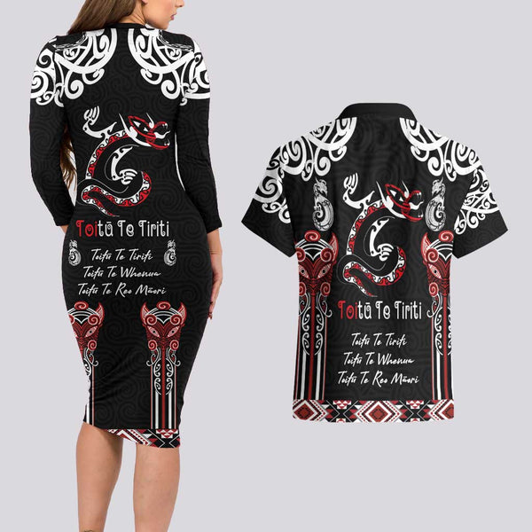 Personalised New Zealand Te Reo Maori Couples Matching Short Sleeve Bodycon Dress and Hawaiian Shirt Kia Kaha Maori Language Week Purple Style LT9