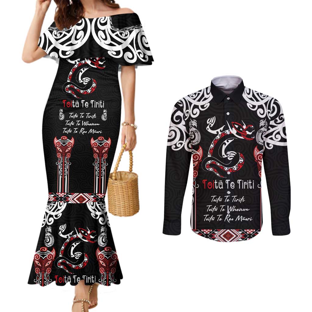Aotearoa Toitu Te Tiriti-Maori Taniwha Couples Matching Mermaid Dress and Long Sleeve Button Shirt Toitu Te Whenua Toitu Te Reo Maori
