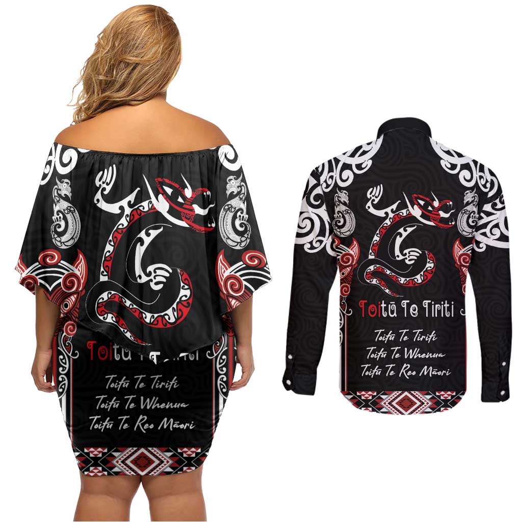 Aotearoa Toitu Te Tiriti-Maori Taniwha Couples Matching Off Shoulder Short Dress and Long Sleeve Button Shirt Toitu Te Whenua Toitu Te Reo Maori