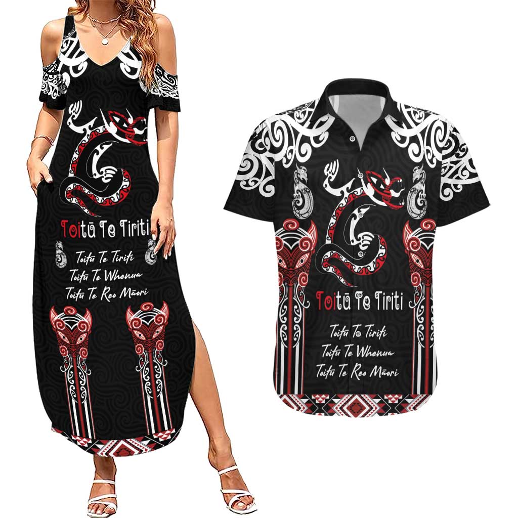 Aotearoa Toitu Te Tiriti-Maori Taniwha Couples Matching Summer Maxi Dress and Hawaiian Shirt Toitu Te Whenua Toitu Te Reo Maori