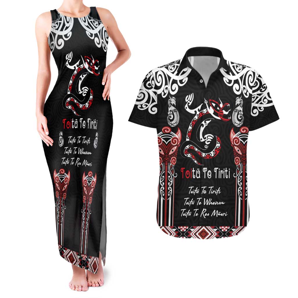 Aotearoa Toitu Te Tiriti-Maori Taniwha Couples Matching Tank Maxi Dress and Hawaiian Shirt Toitu Te Whenua Toitu Te Reo Maori