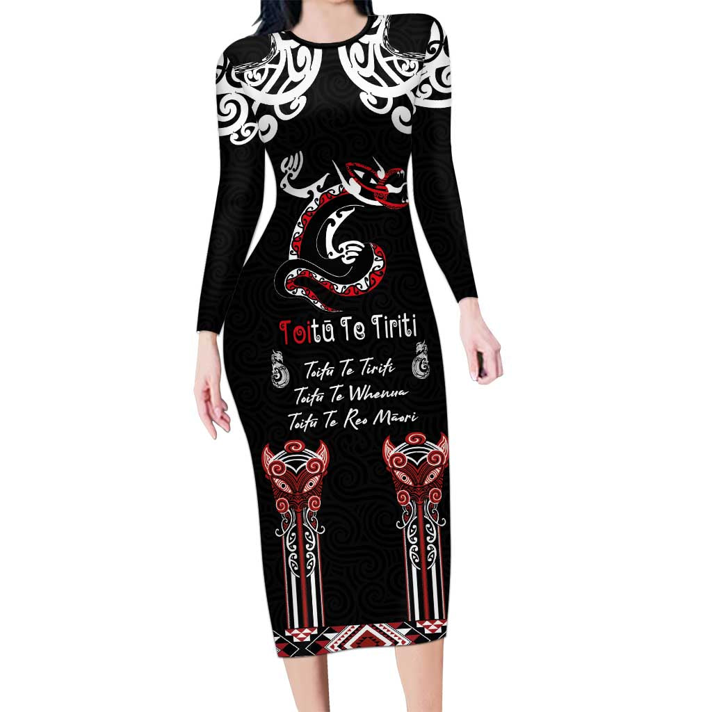 Aotearoa Toitu Te Tiriti-Maori Taniwha Long Sleeve Bodycon Dress Toitu Te Whenua Toitu Te Reo Maori