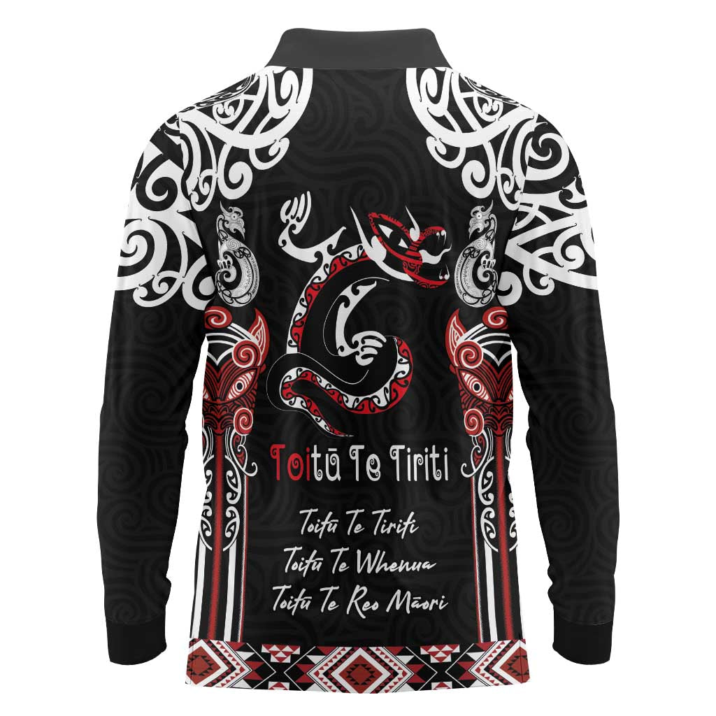 Aotearoa Toitu Te Tiriti-Maori Taniwha Long Sleeve Polo Shirt Toitu Te Whenua Toitu Te Reo Maori