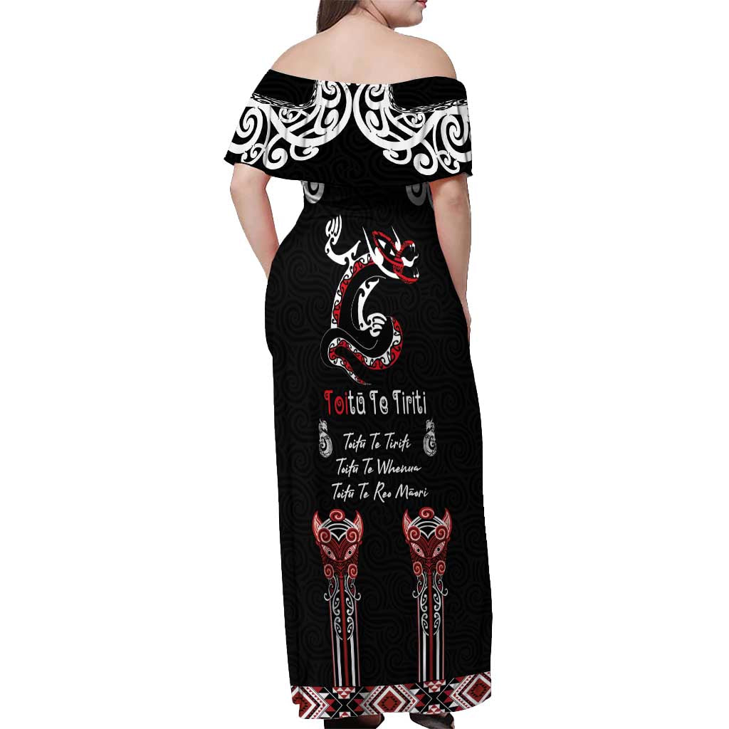 Aotearoa Toitu Te Tiriti-Maori Taniwha Off Shoulder Maxi Dress Toitu Te Whenua Toitu Te Reo Maori