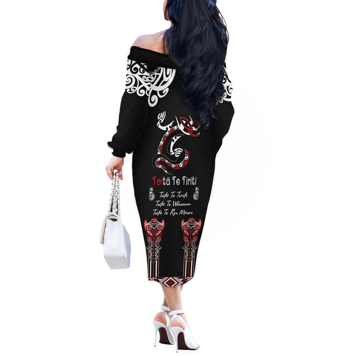 Aotearoa Toitu Te Tiriti-Maori Taniwha Off The Shoulder Long Sleeve Dress Toitu Te Whenua Toitu Te Reo Maori
