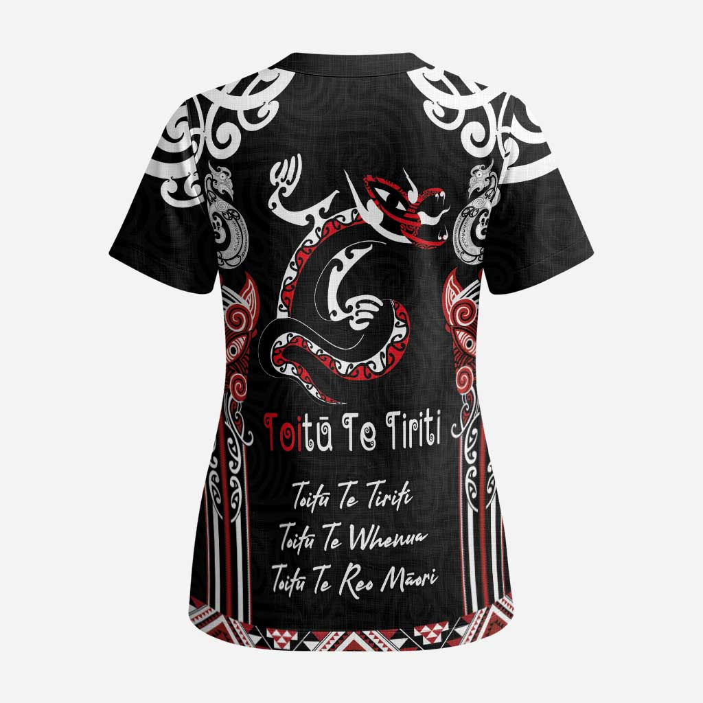 Aotearoa Toitu Te Tiriti-Maori Taniwha Scrub Top Toitu Te Whenua Toitu Te Reo Maori - Polynesian Pride
