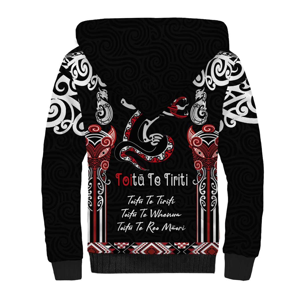 Aotearoa Toitu Te Tiriti-Maori Taniwha Sherpa Hoodie Toitu Te Whenua Toitu Te Reo Maori