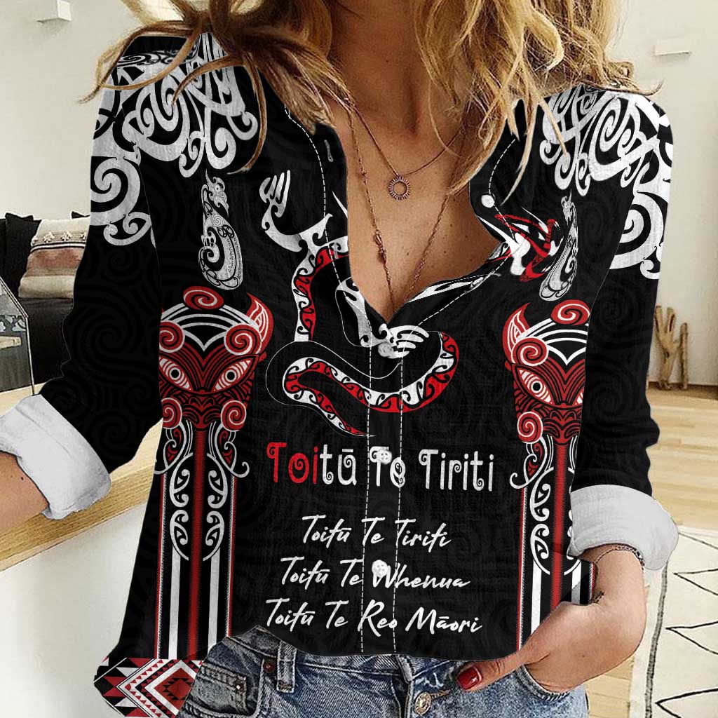 Aotearoa Toitu Te Tiriti-Maori Taniwha Women Casual Shirt Toitu Te Whenua Toitu Te Reo Maori