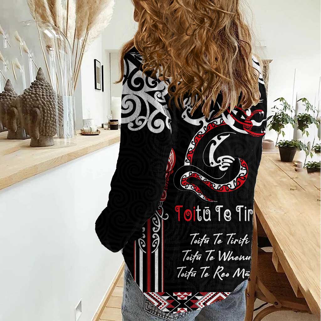 Aotearoa Toitu Te Tiriti-Maori Taniwha Women Casual Shirt Toitu Te Whenua Toitu Te Reo Maori