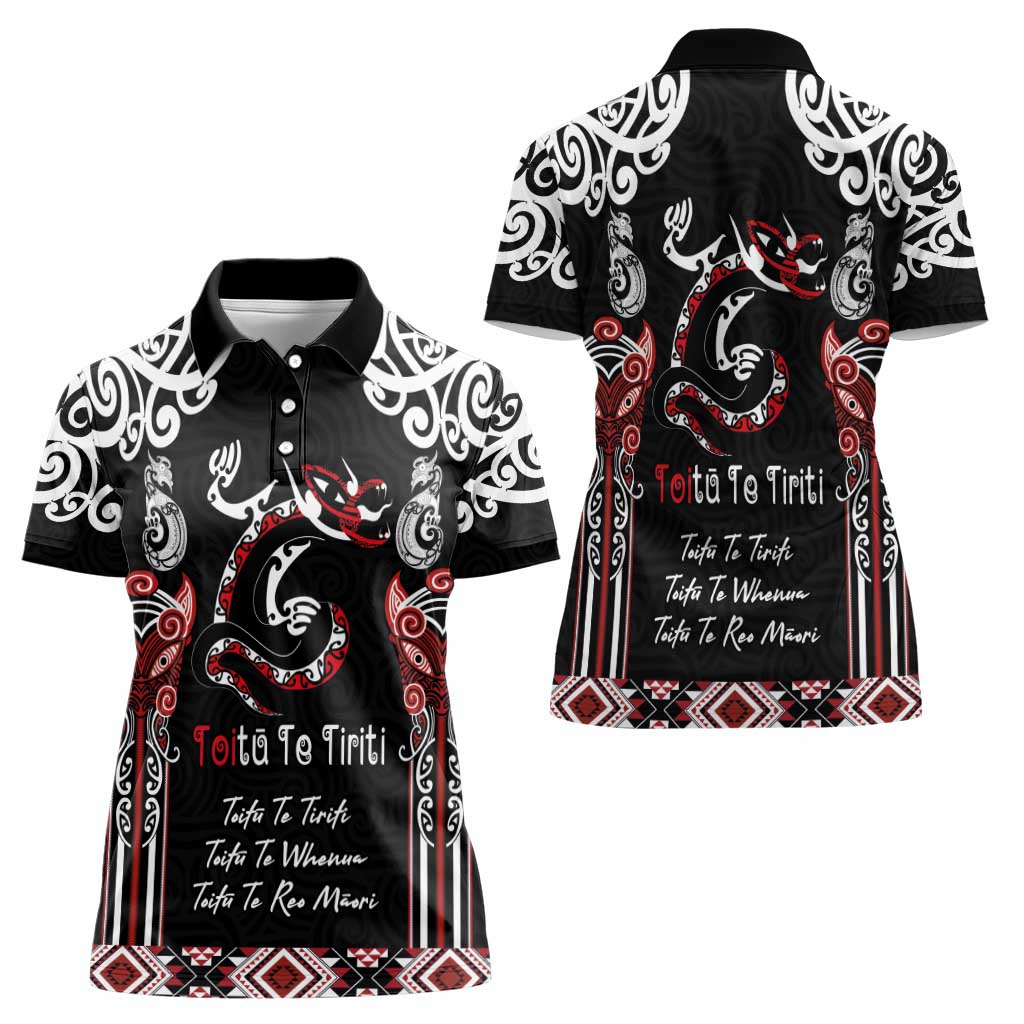 Aotearoa Toitu Te Tiriti-Maori Taniwha Women Polo Shirt Toitu Te Whenua Toitu Te Reo Maori