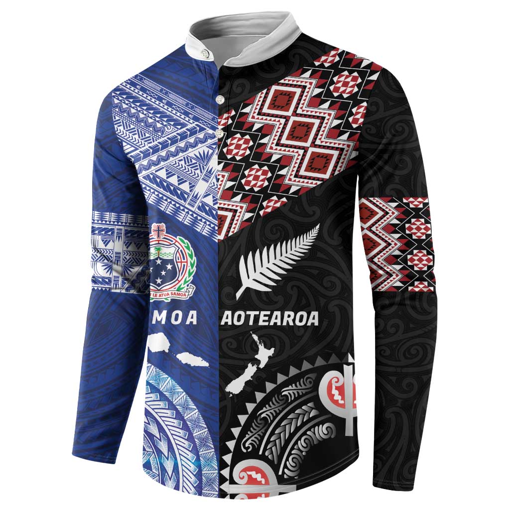 Personalised Aotearoa and Samoa Together Button Sweatshirt Tatau Art Tattoos-Taniko and Tukutuku with Maori Pattern LT03 - Polynesian Pride