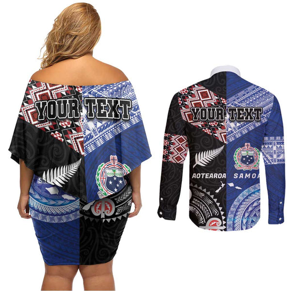 Personalised Aotearoa Couples Matching Off The Shoulder Long Sleeve Dress and Long Sleeve Button Shirts Maori Kiwi Turquoise Fern LT01 main image 1