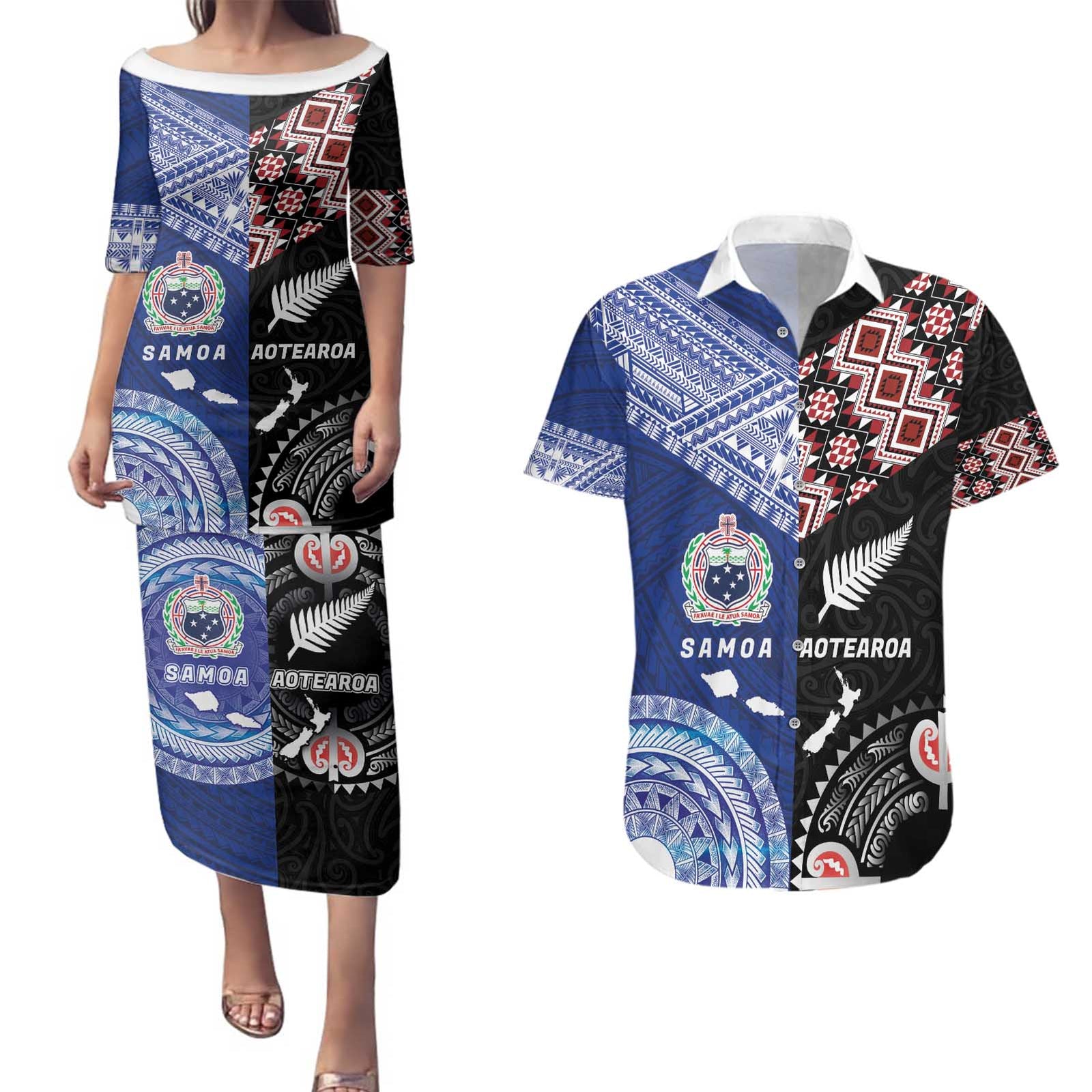 Personalised Aotearoa and Samoa Together Couples Matching Puletasi and Hawaiian Shirt Tatau Art Tattoos-Taniko and Tukutuku with Maori Pattern