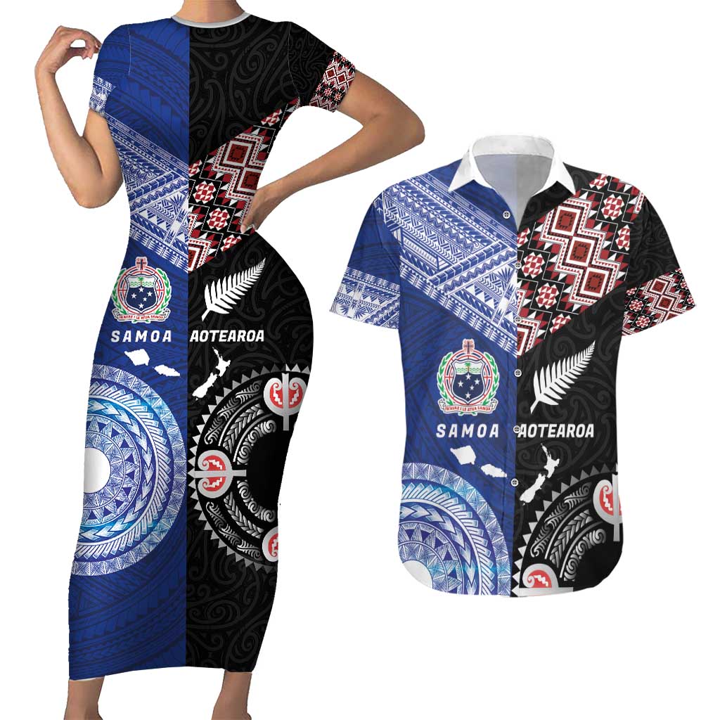 Personalised Aotearoa and Samoa Together Couples Matching Short Sleeve Bodycon Dress and Hawaiian Shirt Tatau Art Tattoos-Taniko and Tukutuku with Maori Pattern