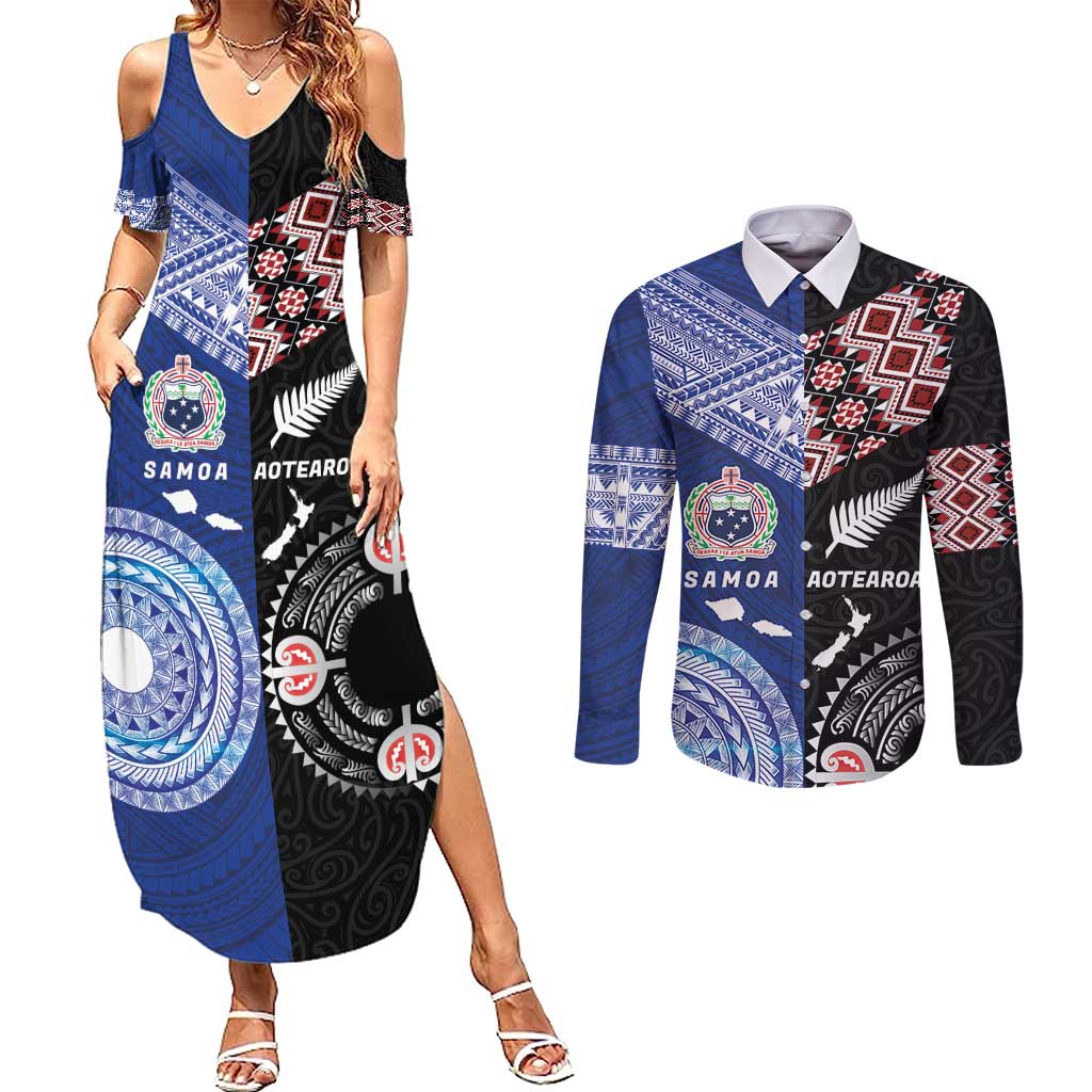 Personalised Aotearoa and Samoa Together Couples Matching Summer Maxi Dress and Long Sleeve Button Shirt Tatau Art Tattoos-Taniko and Tukutuku with Maori Pattern