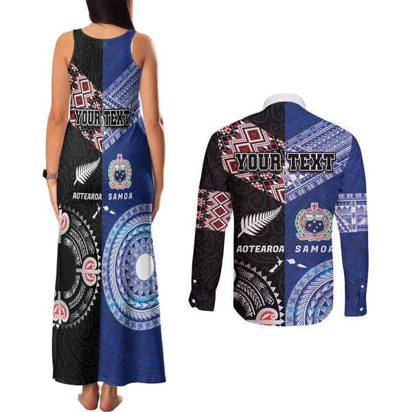 Custom Samoa Rugby Couples Matching Tank Maxi Dress and Long Sleeve Button Shirts Manu Samoa Ula Fala Dabbing Ball Polynesian Blue Version LT14 main image 1