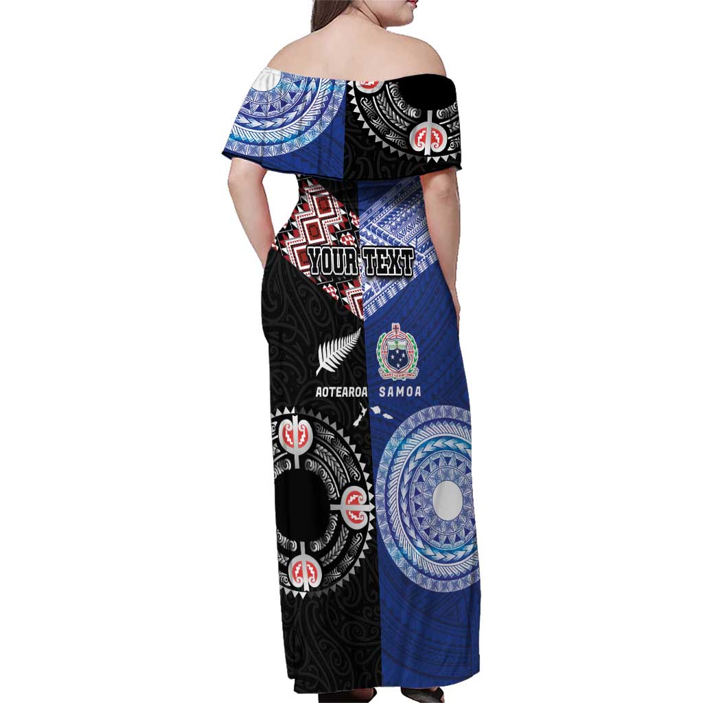 Personalised Aotearoa and Samoa Together Family Matching Off Shoulder Maxi Dress and Hawaiian Shirt Tatau Art Tattoos-Taniko and Tukutuku with Maori Pattern