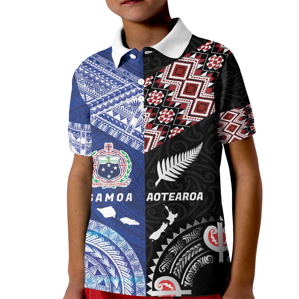 Personalised Aotearoa and Samoa Together Kid Polo Shirt Tatau Art Tattoos-Taniko and Tukutuku with Maori Pattern