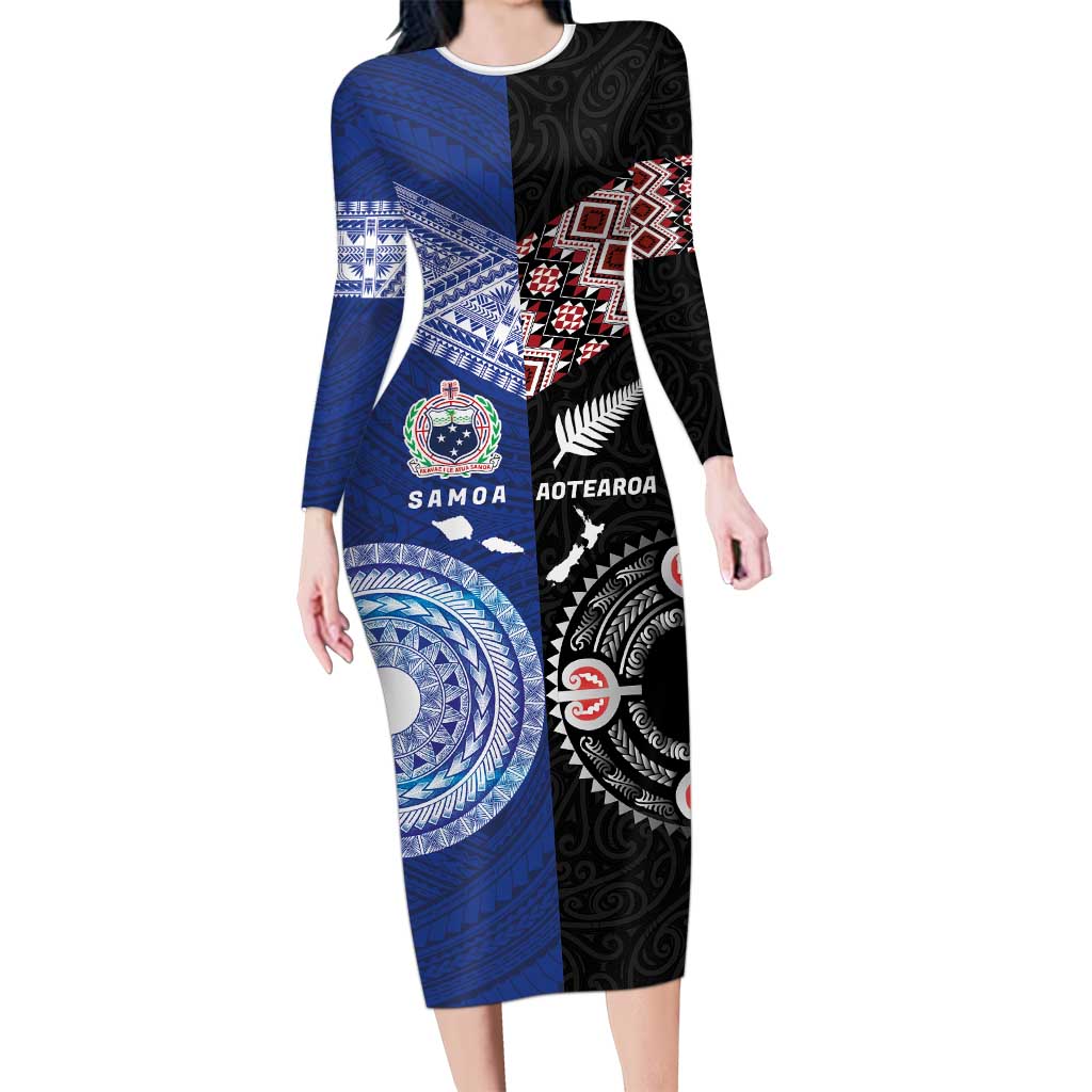 Personalised Aotearoa and Samoa Together Long Sleeve Bodycon Dress Tatau Art Tattoos-Taniko and Tukutuku with Maori Pattern
