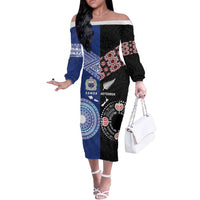 Personalised Aotearoa and Samoa Together Off The Shoulder Long Sleeve Dress Tatau Art Tattoos-Taniko and Tukutuku with Maori Pattern