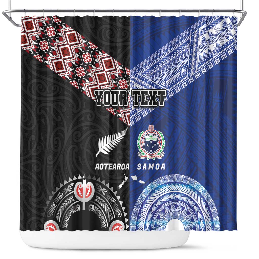 Personalised Aotearoa and Samoa Together Shower Curtain Tatau Art Tattoos-Taniko and Tukutuku with Maori Pattern LT03 Black - Polynesian Pride