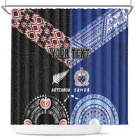 Personalised Aotearoa and Samoa Together Shower Curtain Tatau Art Tattoos-Taniko and Tukutuku with Maori Pattern LT03 Black - Polynesian Pride