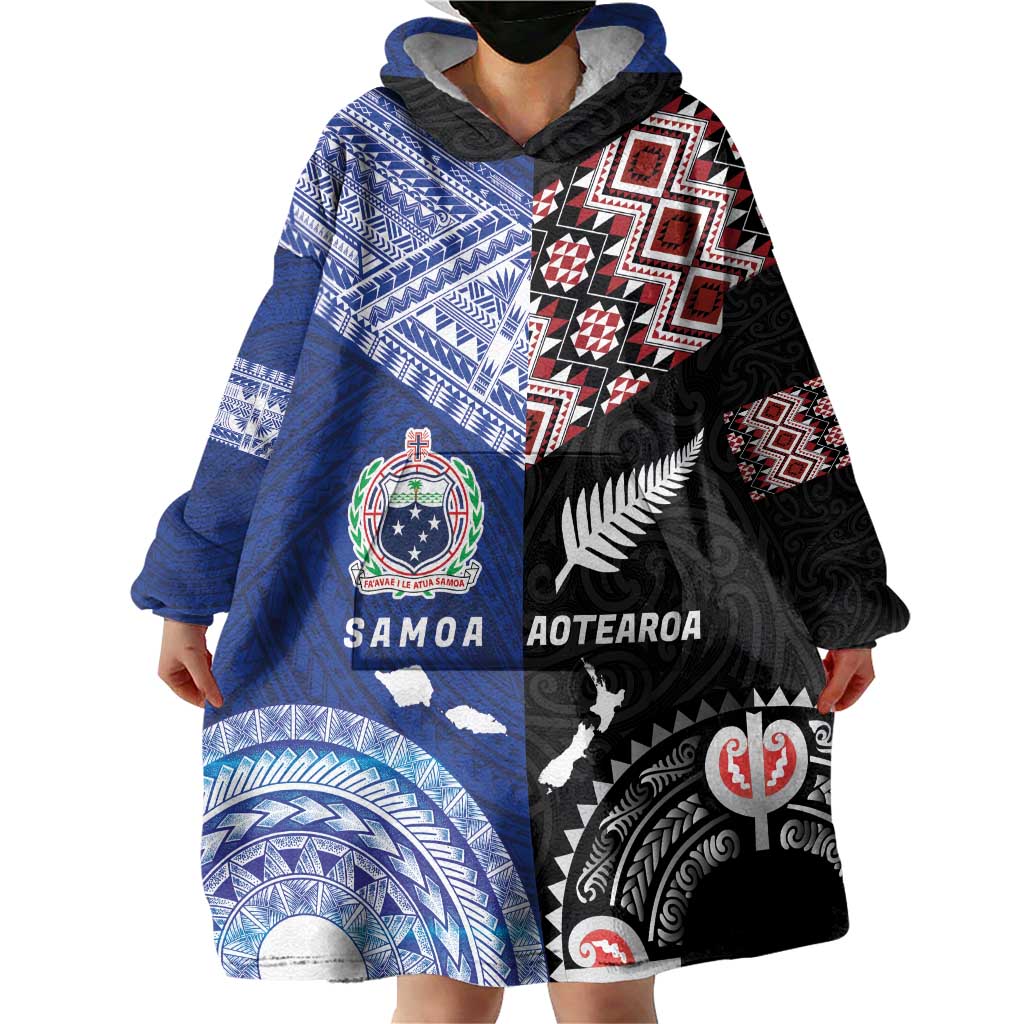 Personalised Aotearoa and Samoa Together Wearable Blanket Hoodie Tatau Art Tattoos-Taniko and Tukutuku with Maori Pattern