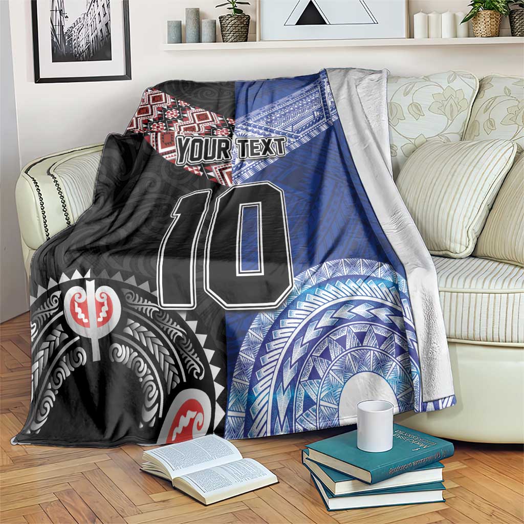 Custom Aotearoa and Samoa Rugby Blanket Maori Warrior and Teuila Emblem-Tatau with Taniko Art LT03 Black - Polynesian Pride