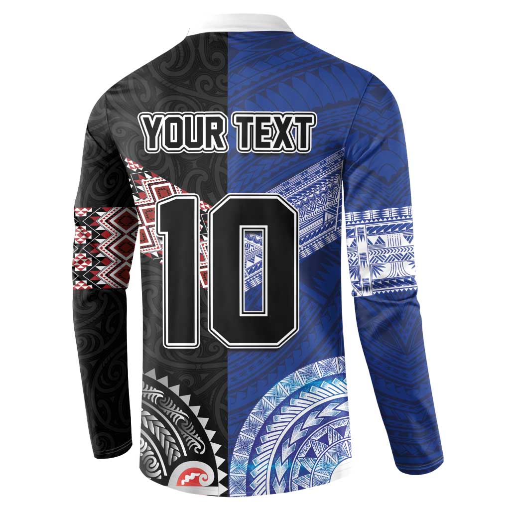 Custom Aotearoa and Samoa Rugby Button Sweatshirt Maori Warrior and Teuila Emblem-Tatau with Taniko Art