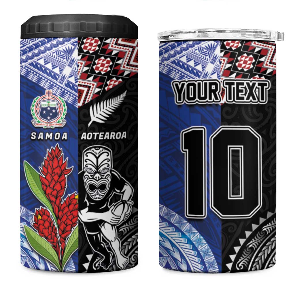 Custom Aotearoa and Samoa Rugby 4 in 1 Can Cooler Tumbler Maori Warrior and Teuila Emblem-Tatau with Taniko Art LT03 One Size: 16 oz Black - Polynesian Pride
