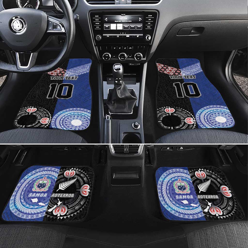 Custom Aotearoa and Samoa Rugby Car Mats Maori Warrior and Teuila Emblem-Tatau with Taniko Art LT03 Set 4pcs Black - Polynesian Pride